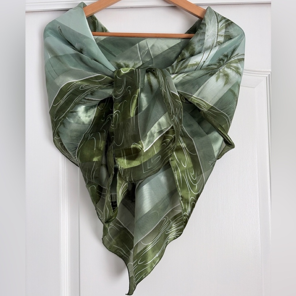 Large Green Palm Print Satin Square Scarf Hair Wrap Shawl Neck Scarf